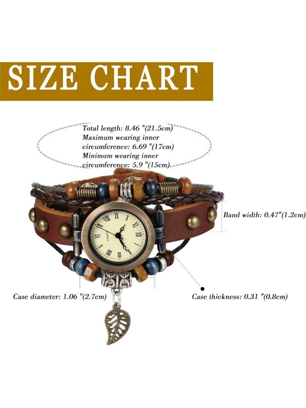 Womens Brown Analog Leaf Roman Numerals Bracelet Weave Wrap Around Leather Watch - Picture 5 of 6